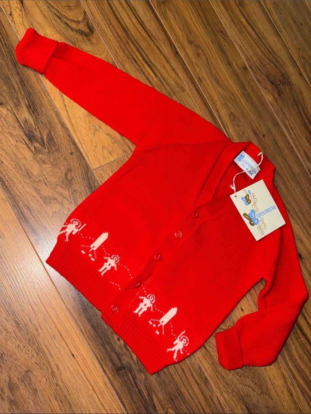 18-24m Vintage boys 1960s Bairnswear 100% wool Bright Red Knit Cardigan Sweater